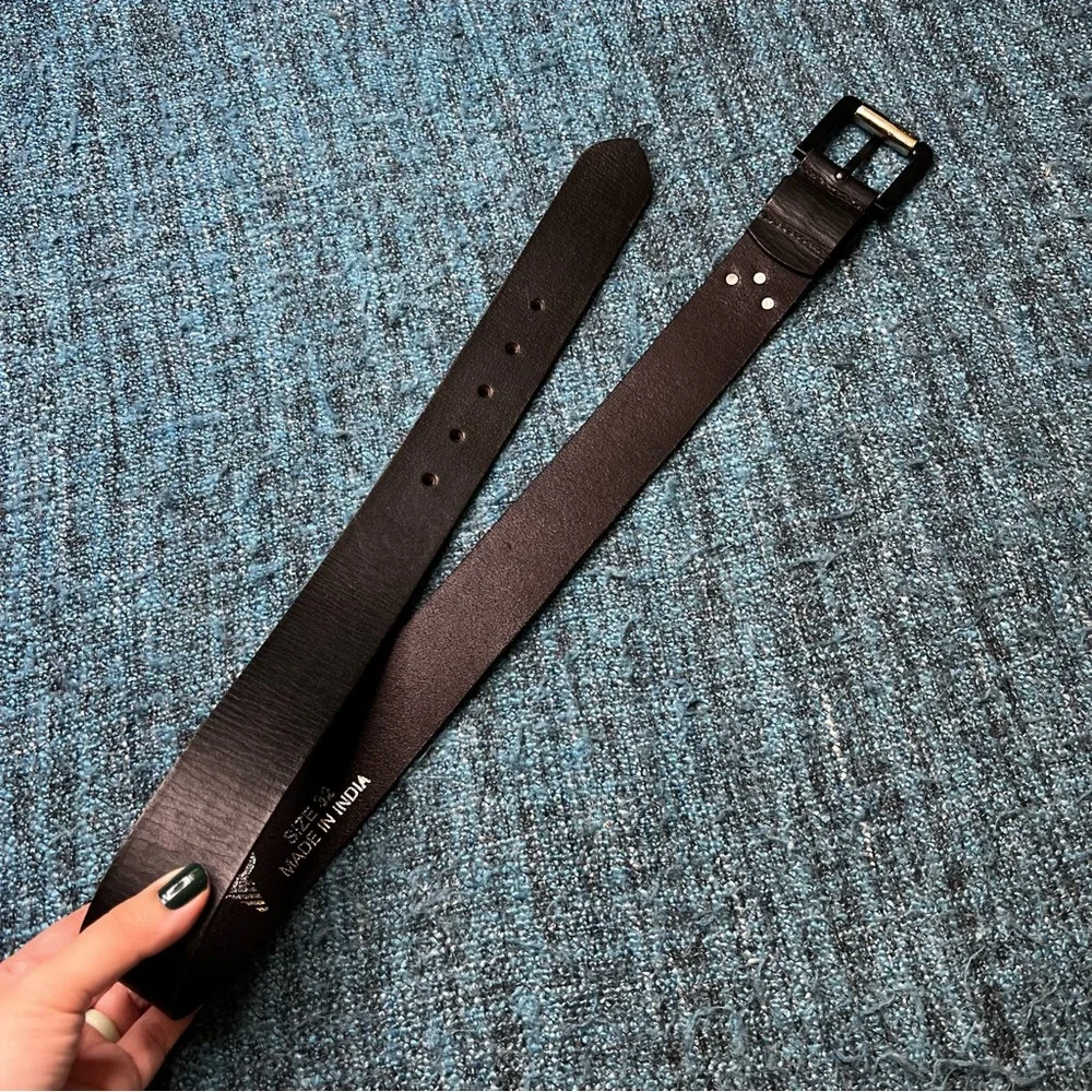 American Bison Black Leather Belt Size 32 Waist Made in India Western